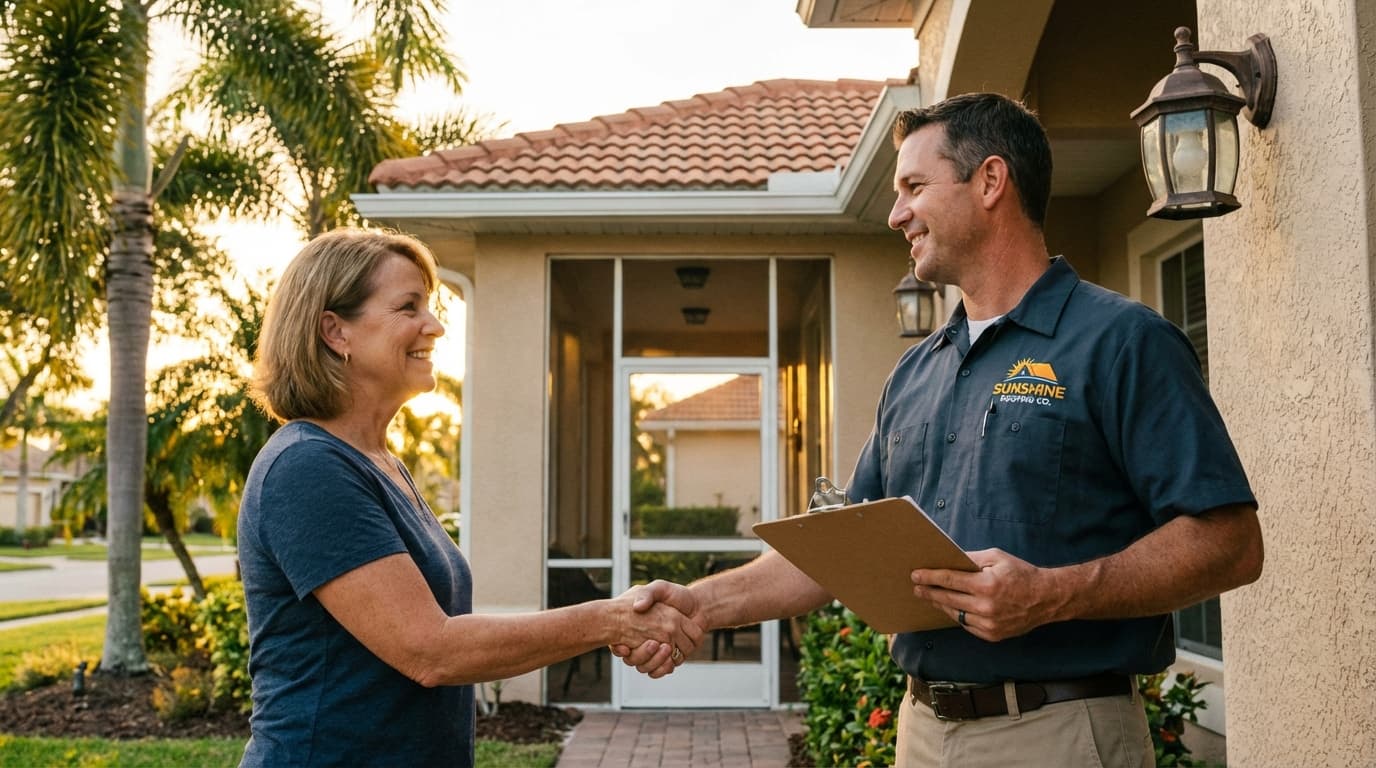Roofing contractor greeting homeowner at front door