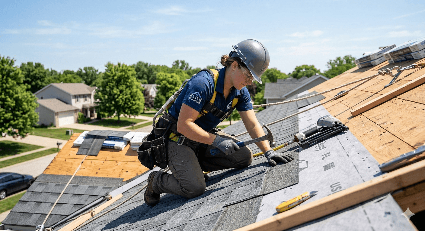 Professional roofer installing shingles on a residential roof in Tampa Bay