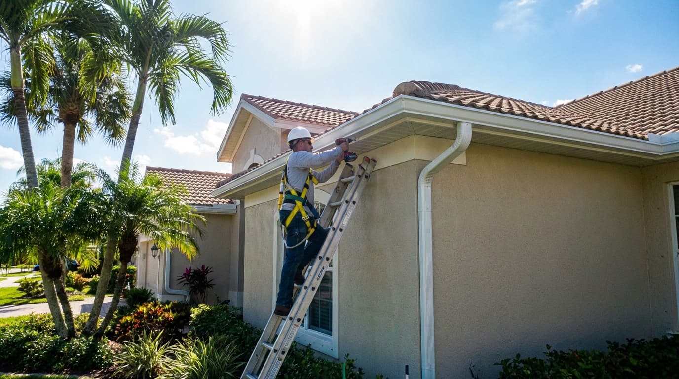 Seamless aluminum gutter installation on Florida home