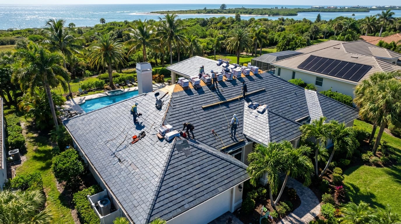 Roofing crew installing new shingles on residential home