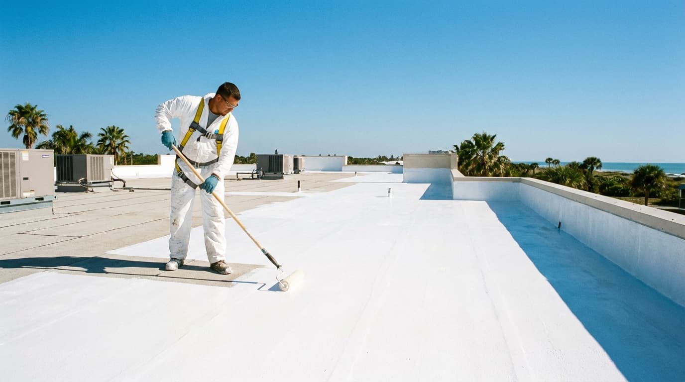 Waterproof coating application on flat roof